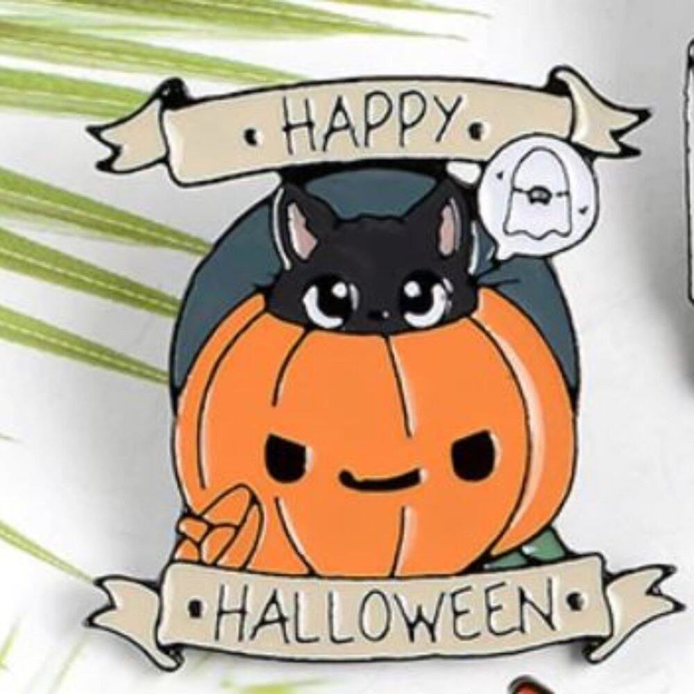 Happy Halloween Pumpkin Jack O Latern Black Cat Pin